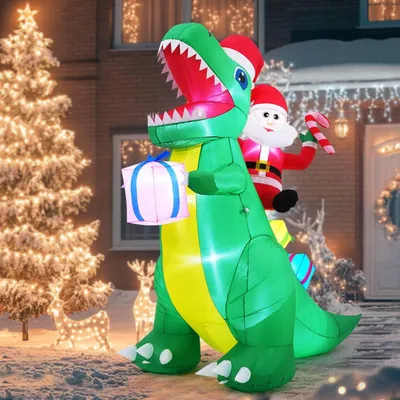 Produktbild von 213cm Aufblasbarer Weihnachtsmann auf Dinosaurier mit LED-Lichtern - Lustige Garten-Weihnachtsdeko für Außenbereich