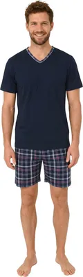 Produktbild von Normann Herren kurzarm Schlafanzug Shorty Pyjama Hose in Karo Optik - auch in Übergröße ; marine , 50