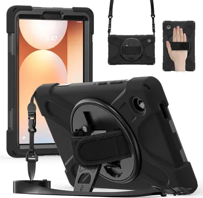 Collage of a black tablet case with various features shown.