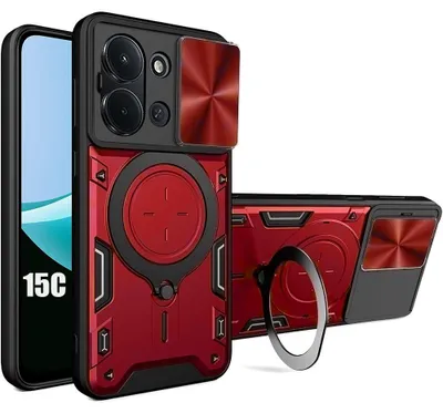 Image de Coque pour Xiaomi Redmi 15C 4G/5G, Protection Rigide Antichoc avec Anneau et Cache Objectif - Rouge