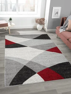 Produktbild von Famanu Teppich Geometrisches Muster Grau Rot - 140 x 200 cm