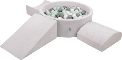 Obrázok produktu pre KiddyMoon Mäkké penové ihrisko pre deti s guľatým loptičkovým ihriskom (300 ∅ 7 cm) s mäkkými prekážkami a loptičkovým bazénom,  vyrobené v EÚ, Svetlo sivá:Biela/Grey/Mäta, Verzia 4