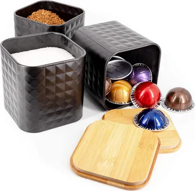 Produktbild von Teekaffee- und Zuckerdosen-Sets mit luftdichten Bambusdeckeln - praktische Kanistersets für die Küche - Kaffeekanne - Keksdose - Zuckerdose