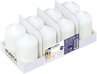 Productafbeelding van HORECA KAARSEN: Tafelkaarsen, ivoorwit, 5x8 cm – set van 32. Blokkerzen zonder geur – brandduur: 17 uur – decoratieve kaarsen voor bruiloften, evenementen en de horeca