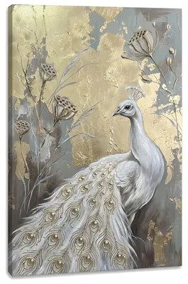Immagine prodotto di Quadro con pavone bianco su tela – quadro su tela per il soggiorno 60x90 cm, rifinito a mano, foglia oro | Papilora