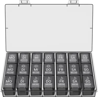 Produktbild von WELLGRO Tablettenbox für 7 Tage - je 3 Fächer pro Tag - separate Wochentagsentnahme - Wochendosierer mit Klickverschluss - Kunststoff - Farbe wählbar