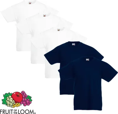 Obrázek produktu pro Dětské tričko Fruit of the Loom 5 ks. Bílá a tmavě modrá velikost 152