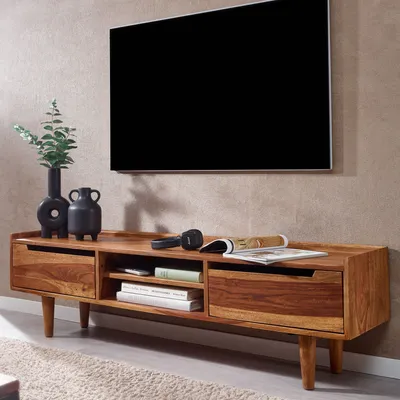 Zdjęcie produktu dla FineBuy Lowboard Sheesham lite drewno 145x43x35 cm komoda TV z dwoma drzwiami szafka TV wysoki stolik TV szafka TV nowoczesna komoda TV z szufladami