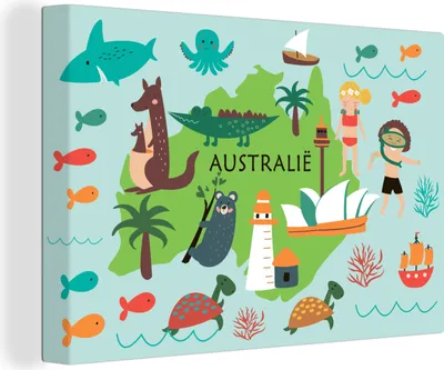 Produktbild von OneMillionCanvasses® - Leinwandbilder - 140x90 cm, Weltkarte Kinder - Australien - Tiere, Wandbilder Kunstdruck Wanddekoration