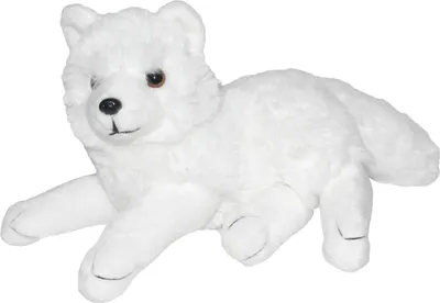 A white stuffed arctic fox is lying down on a white background.