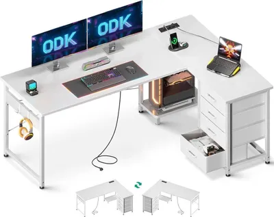 Immagine prodotto di ODK Scrivania angolare a L con cassetti e porta USB, bianco, 155 x 110 cm
