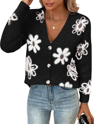 Produktbild von ASKSA Damen Strickjacke V-Ausschnitt Langarm Lose Blumenmuster Knopf Offene Cardigan Strickpullover (Schwarz,XL)