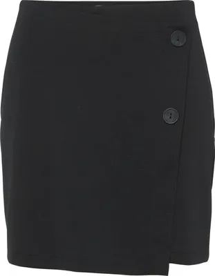 A black skirt with two buttons on the side.