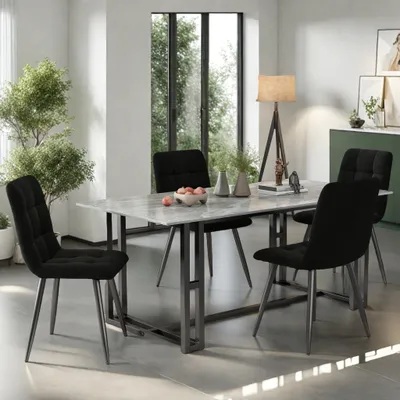 Produktbild von UnboxG 4er Set Esszimmerstühle mit Rückenlehne, Küchenstuhl mit Samtbezug Polsterstuhl aus Metall, ergonomischer Stuhl für Esstisch, Esszimmer Küche Wohnzimmer, Schwarz