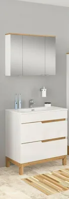 Produktbild von Badmöbel Set SPEK 80 mit Waschbecken Keramik WEISS HOCHGLANZ / EICHE MATT LED Waschbecken Waschbeckenunterschrank Spiegelschrank