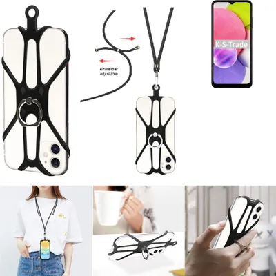 Produktbild von K-S-Trade 3in1 Handykette Handyband Handykordel Halsband Smartphone-Ring Handy-Ring kompatibel mit Samsung Galaxy A03s Fingerhalterung Handyring