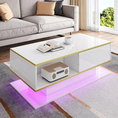 Produktbild von Moderner Couchtisch mit LED-Beleuchtung – Hochglanzgold – Mit Schubladen und farbwechselnder Beleuchtung