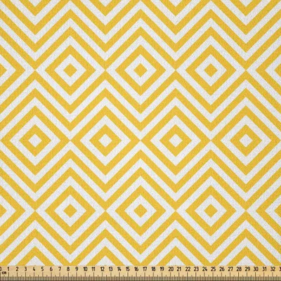 Immagine prodotto di ABAKUHAUS Tessuto in microfibra geometrico venduto al metro, design moderno con motivi triangolari e quadrati a strisce stampati, 1 m (230 x 100 cm), giallo calendula e bianco