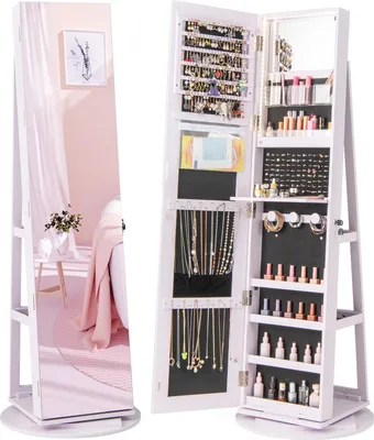 Produktbild von GOPLUS Schmuckschrank mit Ganzkörperspiegel, 360° drehbarer Spiegelschrank mit 3-farbigem LED-Licht, abschließbarer Schmuck Organizer aus Holz (Lila)