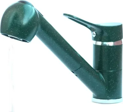A kitchen faucet with a pull-out spray head, shown in profile against a white background.