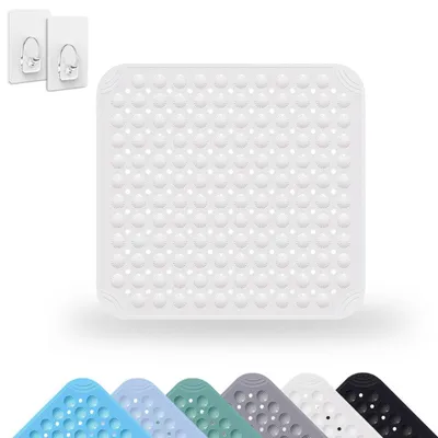 Zdjęcie produktu dla Mata pod prysznic 48 x 48 cm, kwadratowa, biała, wykonana z PVC, antypoślizgowa, z przyssawkami i otworami drenażowymi