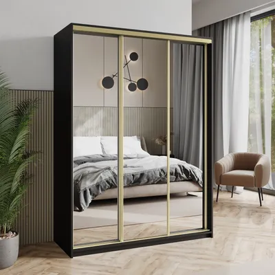 Produktbild von Masseno Schiebetürenschrank RIEN 150/205/60 cm Kleiderschrank mit Schubladen Schlafzimmer Schrank 3-türig mit Spiegel Schwarz + Gold