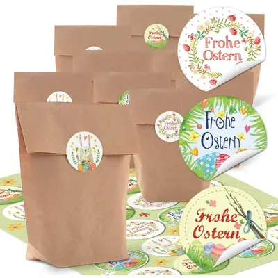Produktbild von Logbuch-Verlag 10 kleine braune Papiertüte Geschenktüten 14 x 22 x 5,6 cm + 24 Osterhase Osteretiketten rund Frohe Ostern Geschenk Aufkleber grün gelb pink bunt"Frohe Ostern" bunt