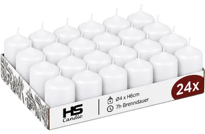 Produktbild von HS Candle Stumpenkerzen Weiß Ø4xH6 cm 24er-Pack, unparfümierte Blockkerzen, Wachskerzen ca. 7h Brenndauer, für Hochzeit, Taufe & elegante Tischdeko