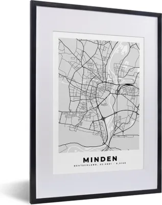 Produktbild von MuchoWow® Gerahmtes Poster Deutschland - Karte - Minden - Stadtplan 30x40 cm - Poster mit Schwarzem Bilderrahmen Wandposter Rahmen Foto Bilder - Wandposter Schlafzimmer