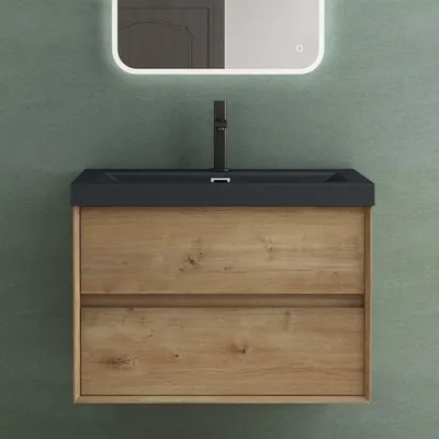 Produktbild von Mai & Mai Badmöbelset Badezimmermöbel Waschbeckenunterschrank 2 Schubladen mit Soft-Close inkl. Anthrazit Waschbecken Kerneiche 76,5 cm Rimo