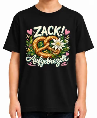 Zdjęcie produktu dla Zack Aufgebrezelt: Preclek, Edelweiss, koszulka w tradycyjnym stylu, spodnie skórzane, sukienka w tradycyjnym stylu, koszulka dziecięca, czarna, rozmiar 140