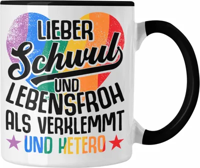 Produktbild von Trendation - LGBT Tasse Geschenk für Schwule Lesben Transgender Regenbogen Lustige Grafik Regenbogen LIeber Schwul Und Hetero Als Verklemmt und Hetero (Schwarz)