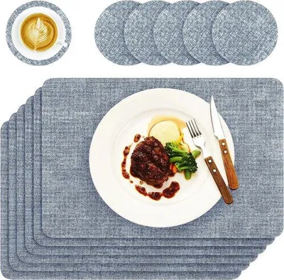 Obrázek produktu pro Sada podložek pod talíře z prémiovéPolyuretankůže, 6 kusů, odolné proti teplu, světle modré, protiskluzové