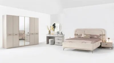 Zdjęcie produktu dla Komoda, toaletka, taboret, kolor beżowy, nowoczesny, zestaw z lustrem
