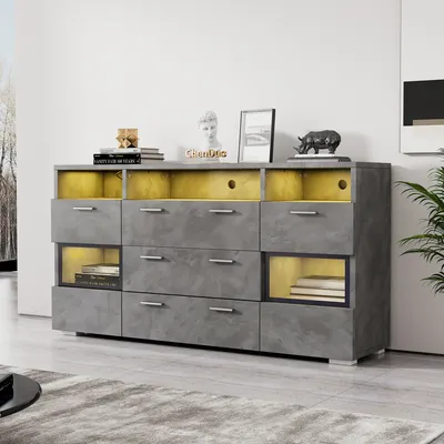 Immagine prodotto di MODFU Cruscotto Hrubka 140 × 33,5 × 72,5 cm con illuminazione LED e 2 ante in acrilico, 3 cassetti, grigio