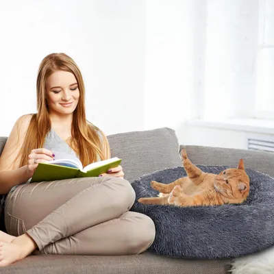 Produktbild von Eikuavons Rundes Hundebett Katzenbett Ø 100 cm, Langplüsch, rutschfester Boden, Dunkelgrau