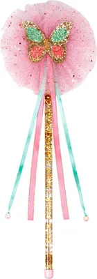 A fairy wand with a pink tulle pom-pom, a glittery butterfly decoration, and a gold glitter-filled handle with pink and teal ribbons.