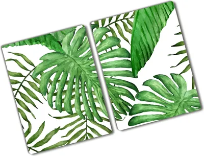 Produktbild von Tulup Glas Herdabdeckplatte - 2x40x52 cm - Glaskeramikkochfeld-Abdeckung Spritzschutz Glasabdeckplatte Kochplattenabdeckung und Schneidebrett - Zweiteilig - Blumen & Pflanzen - Tropische Blätter - Grün