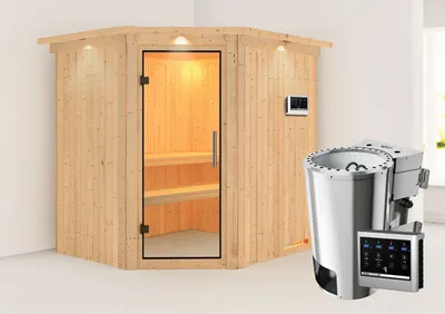 Produktbild von Karibu Sauna Innensauna Lilja Eckeinstieg Ofen 3,6 kW -Ofen externe Strg. easy 210x184x202 cm mit Dachkranz  mit Klarglastür