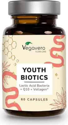 Produktbild von Vegavero Youth Biotics | 60 Kapseln | mit Hyaluronsäure, Vollagen® und Bakterienstämmen | vegan