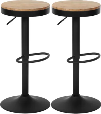 Two bar stools with wooden seats and black metal bases are shown against a white background.