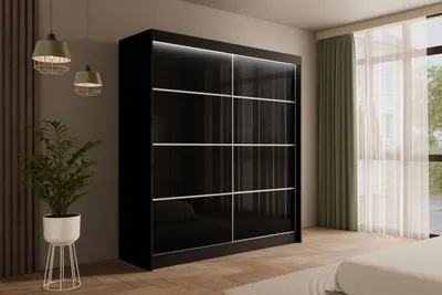 Produktbild von ALTDECOR Kleiderschrank mit Lacobel-Schiebetüren, kugelgelagerte Führungsschienen und Aluminium- Leisten, LED-Beleuchtung (weiß + 16 Farben) und Fernbedienung - PEKA3 - 200 cm Schwarz  /  Schwarz