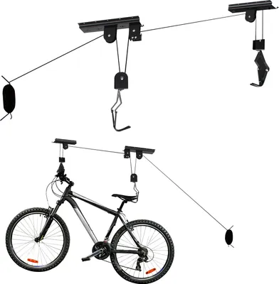 Immagine prodotto di Wiltec sollevatore per biciclette a soffitto 20 kg, altezza soffitto 4 m, supporto per garage per biciclette, supporto per biciclette con cavo di trazione