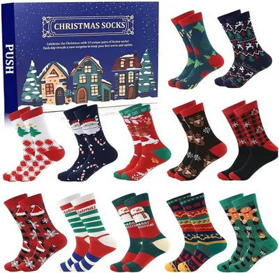 Productafbeelding van Adventsokken - 12 paar - 24 dagen aftellen - grappige kerstsokken - sokken cadeauverpakking - adventskalender - model C