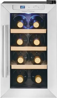 Produktbild von ProfiCook® Weinkühlschrank für 8 Flaschen, Getränkekühlschrank mit UV-beständiger Glastür, mit LED-Beleuchtung u. 4 Lagerebenen davon 3 herausnehmbar, Bereich: 11-18°C, 23L - PC-WK 1233