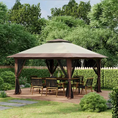 Produktbild von Partyzelt höhenverstellbar, Faltpavillon Pop-Up, 4 Netzwände Lüftungsdach, Beige | Tragetasche mit Rollen | 3 Höhenstufen | 392 x 392 x 283 cm