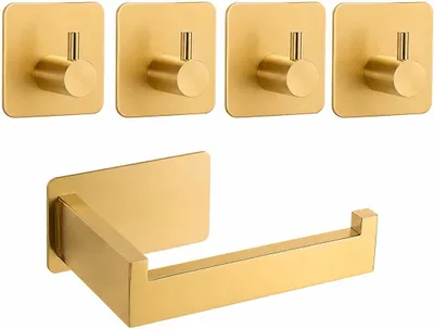 Produktbild von Toilettenpapierhalter Ohne Bohren 1 Stück, Edelstahl Gold, Selbstklebend Mit 4 Haken Für Badezimmer Und Küche