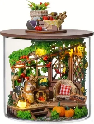 Produktbild von Habarri | Miniaturhaus - DIY-Puppenhaus - Holzhaus mit Möbeln und LED-Beleuchtung - Geschenk für Kinder - Oktobergarten