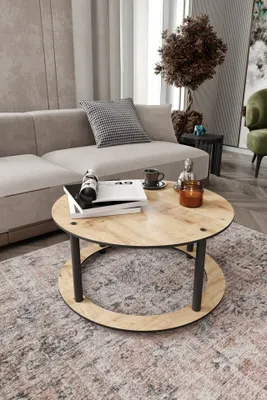 Zdjęcie produktu dla Skye Decor, wysokiej jakości stolik kawowy, średnica 70 cm, wysokość 38 cm | Wykonany w 100% z płyty MDF, z solidnymi nogami | Elegancki, nowoczesny design w kolorze brązowym | Idealny do salonu i wnętrz w stylu industrialnym.