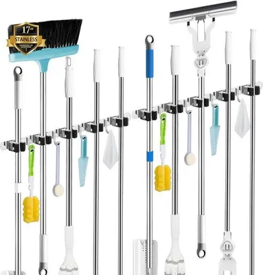 Imagen del producto de Soporte para escobas de pared Unyqoos® (pack de 2) – 5 soportes con abrazadera + 4 ganchos, organizador de herramientas de acero inoxidable 304, autoadhesivo o para atornillar (hasta 13 kg / 3 kg)